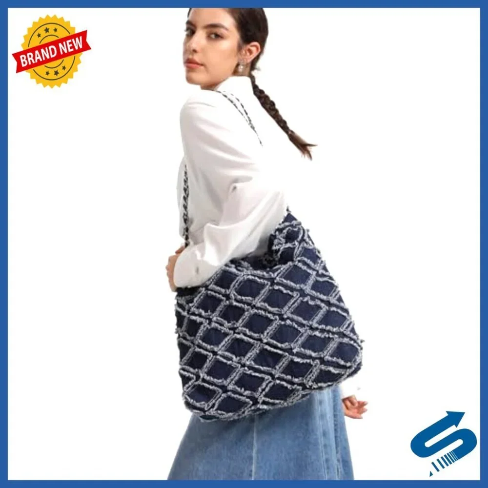 Large Quilted Denim Tote Bag with Chain Strap and Wallet